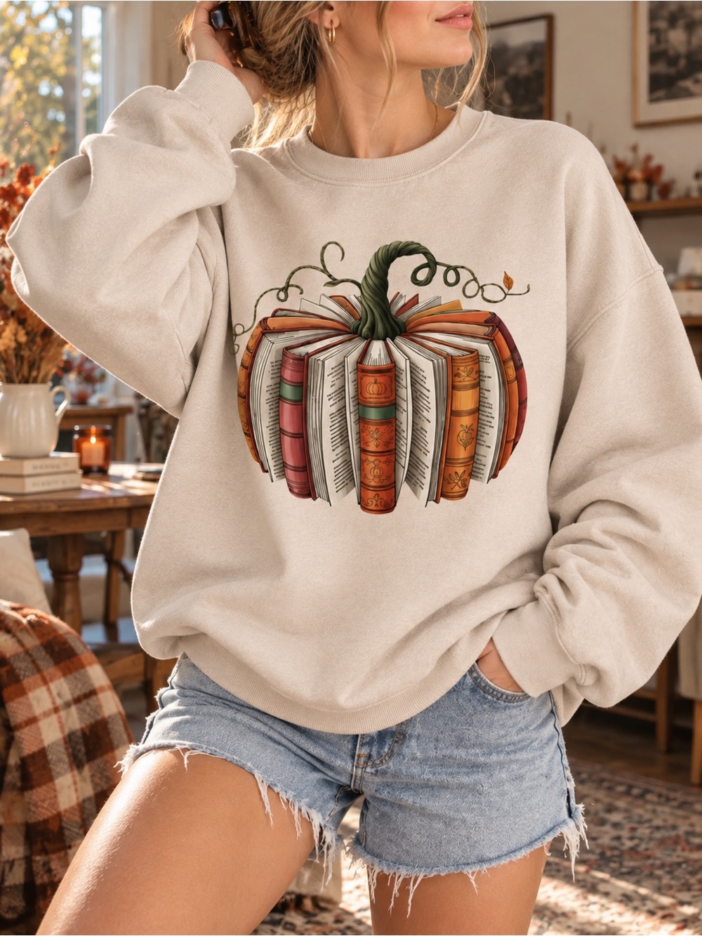 Pumpkin Book Lover Sweatshirt Reading Autumn Graphic Crewneck Gildan Sand